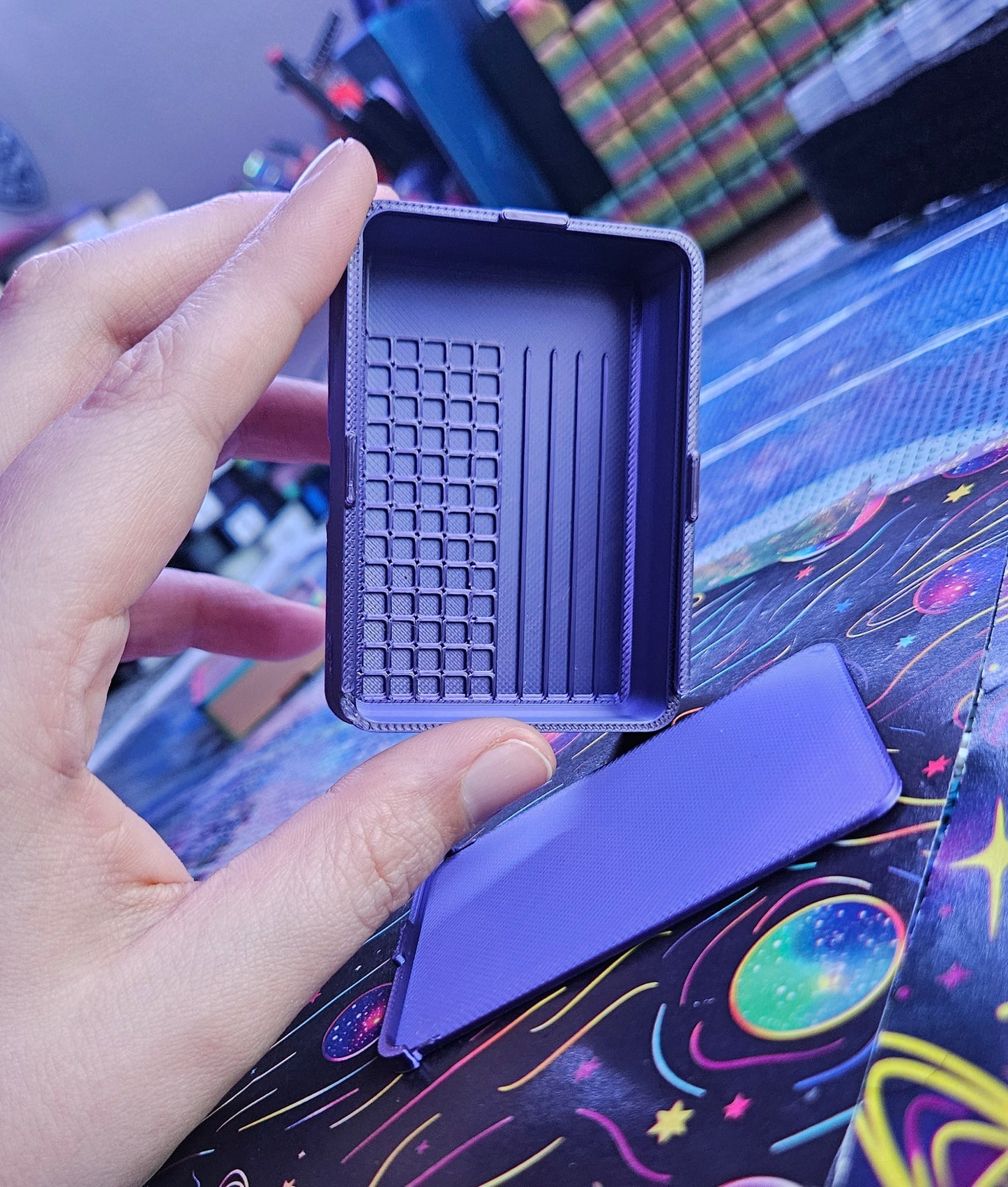 Small Diamond Painting Tray, Combo Spout-less Stacking 3D Printed Tray, Sliding Lid, Single Placer Grid + Standard Lines, STAR Series