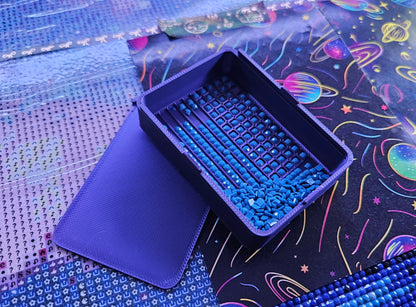 Small Diamond Painting Tray, Combo Spout-less Stacking 3D Printed Tray, Sliding Lid, Single Placer Grid + Standard Lines, STAR Series