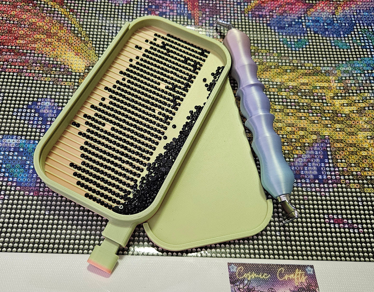 Long Landscape Diamond Art Tray with Sliding Lid & Washi Shelf, Extra Capacity Drill Tray, 3D Printed Rhinestone Accessory