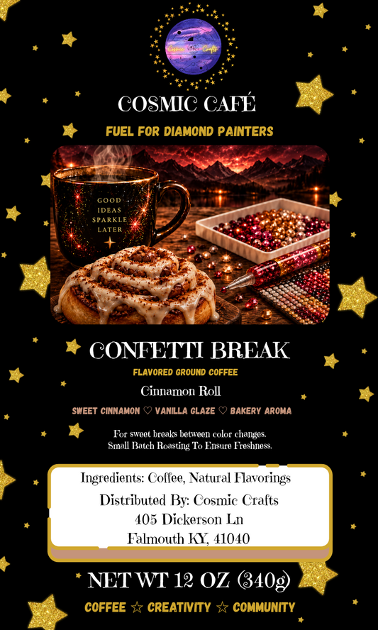 Confetti Break – Cinnamon Roll Flavored Ground Coffee | Cosmic Cafe Cosmic Crafts