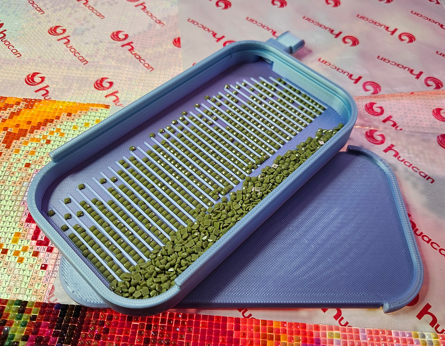 Long Landscape Diamond Art Tray with Sliding Lid & Washi Shelf, Extra Capacity Drill Tray, 3D Printed Rhinestone Accessory