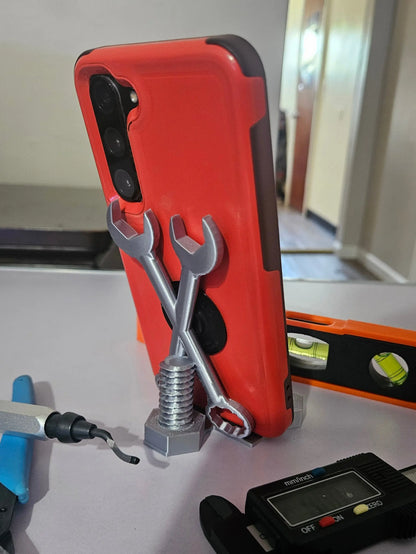 Gearhead Phone Holder – Crossed Wrench Design with Nuts, Novelty Mechanic Gift, 3D Printed Made To Order Cosmic Crafts