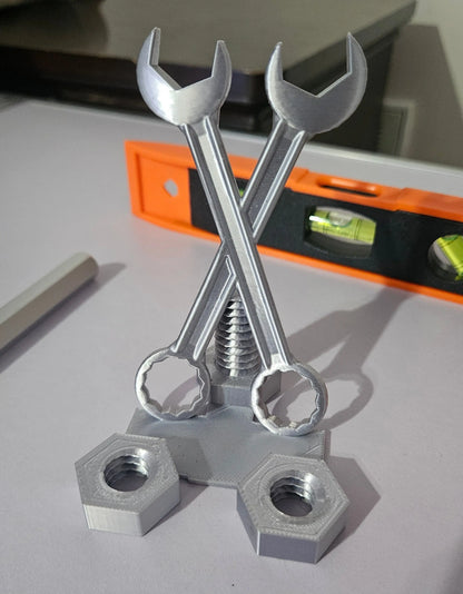 Gearhead Phone Holder – Crossed Wrench Design with Nuts, Novelty Mechanic Gift, 3D Printed Made To Order Cosmic Crafts